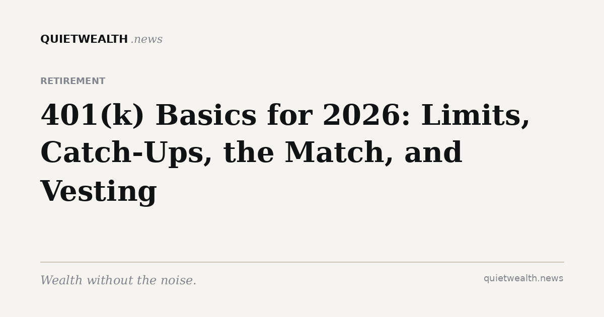 QuietWealth editorial card for “401(k) Basics for 2026: Limits, Catch-Ups, the Match, and Vesting” (Retirement)