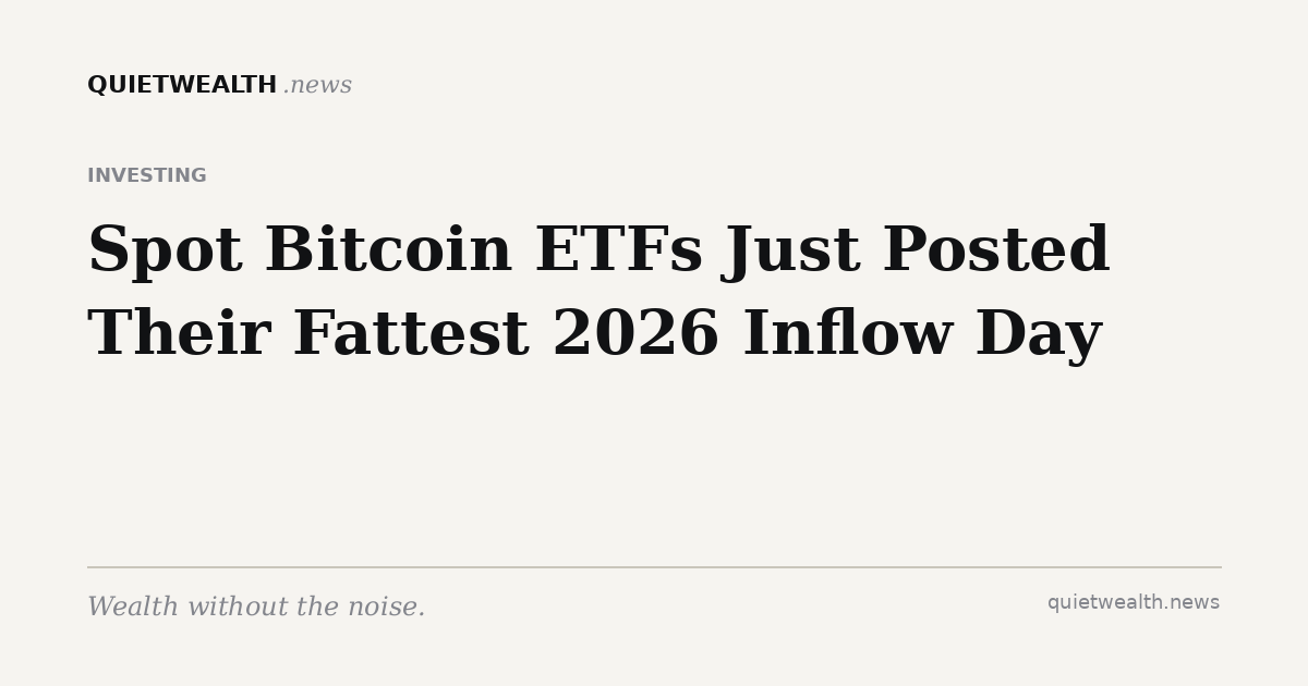 QuietWealth editorial card for “Spot Bitcoin ETFs Just Posted Their Fattest 2026 Inflow Day” (Investing)