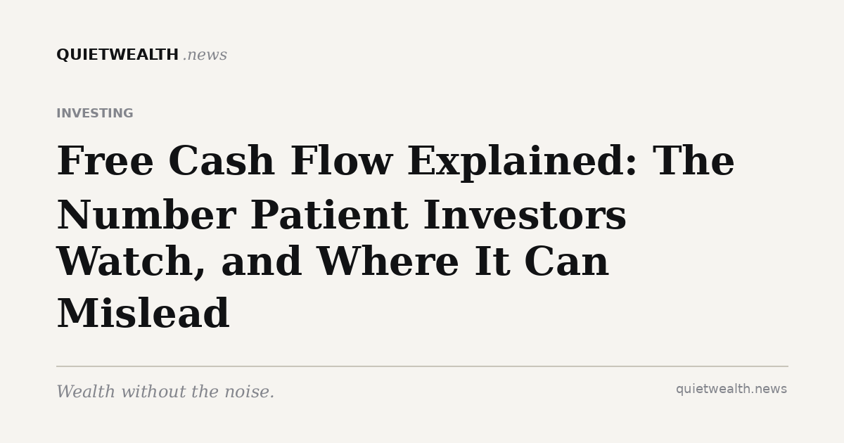 QuietWealth editorial card for “Free Cash Flow Explained: The Number Patient Investors Watch, and Where It Can Mislead” (Investing)