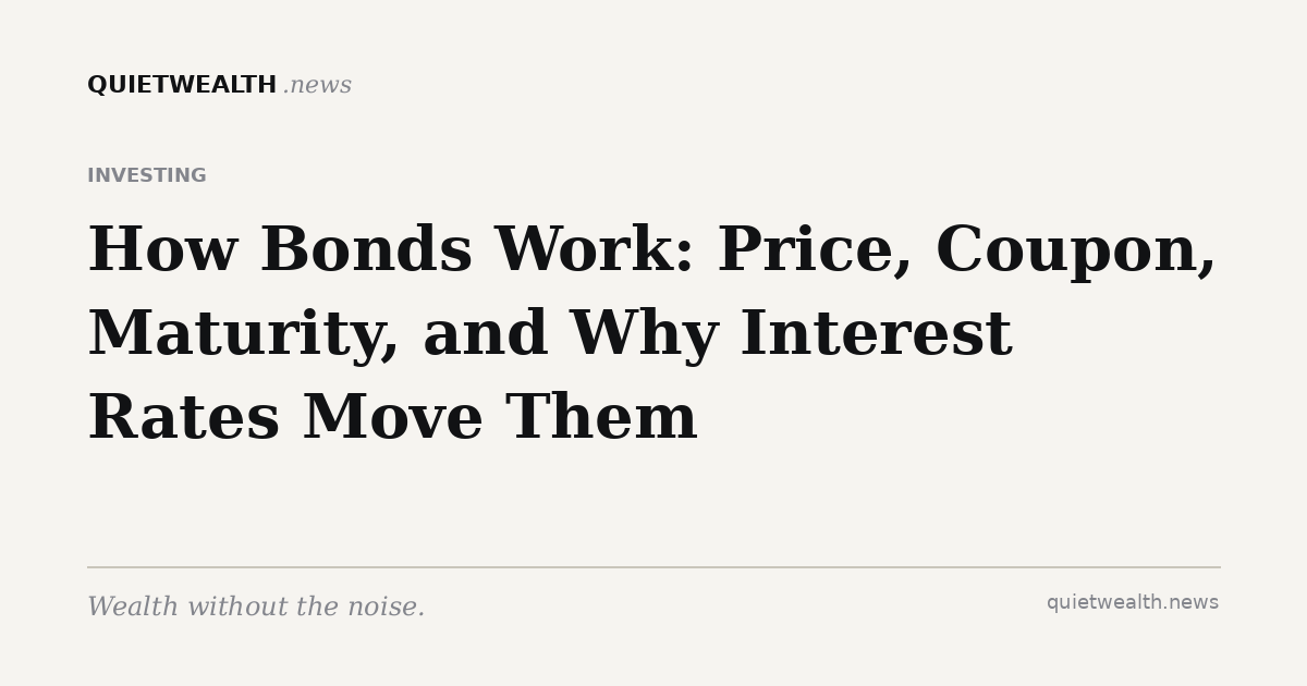 QuietWealth editorial card for “How Bonds Work: Price, Coupon, Maturity, and Why Interest Rates Move Them” (Investing)