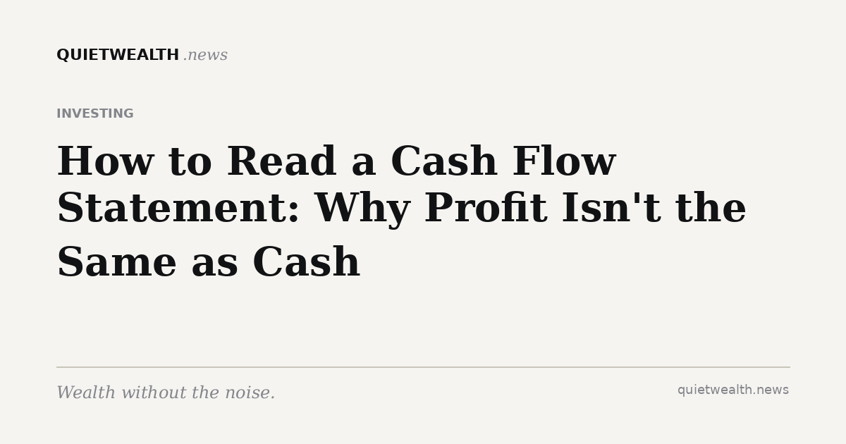QuietWealth editorial card for “How to Read a Cash Flow Statement: Why Profit Isn't the Same as Cash” (Investing)