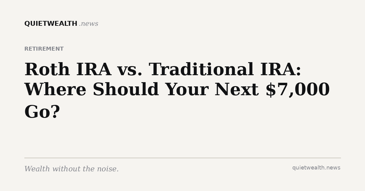 QuietWealth editorial card for “Roth IRA vs. Traditional IRA: Where Should Your Next $7,000 Go?” (Retirement)