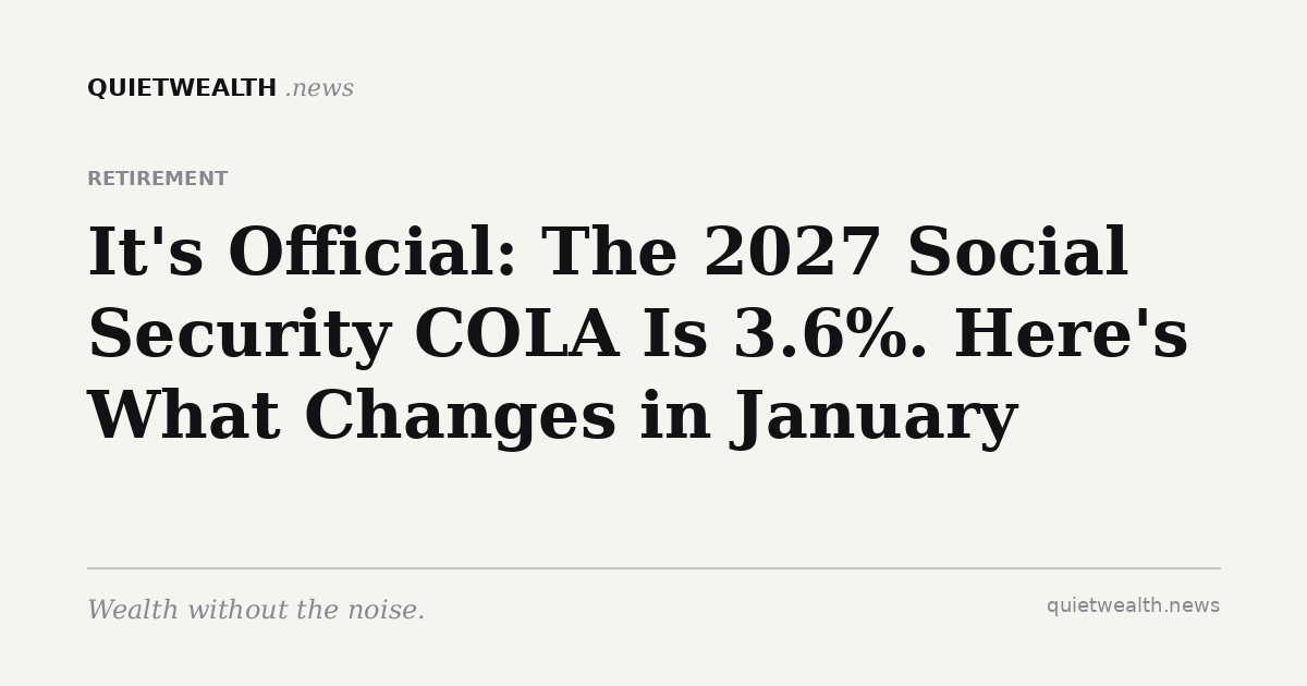 QuietWealth editorial card for “It's Official: The 2027 Social Security COLA Is 3.6%. Here's What Changes in January” (Retirement)