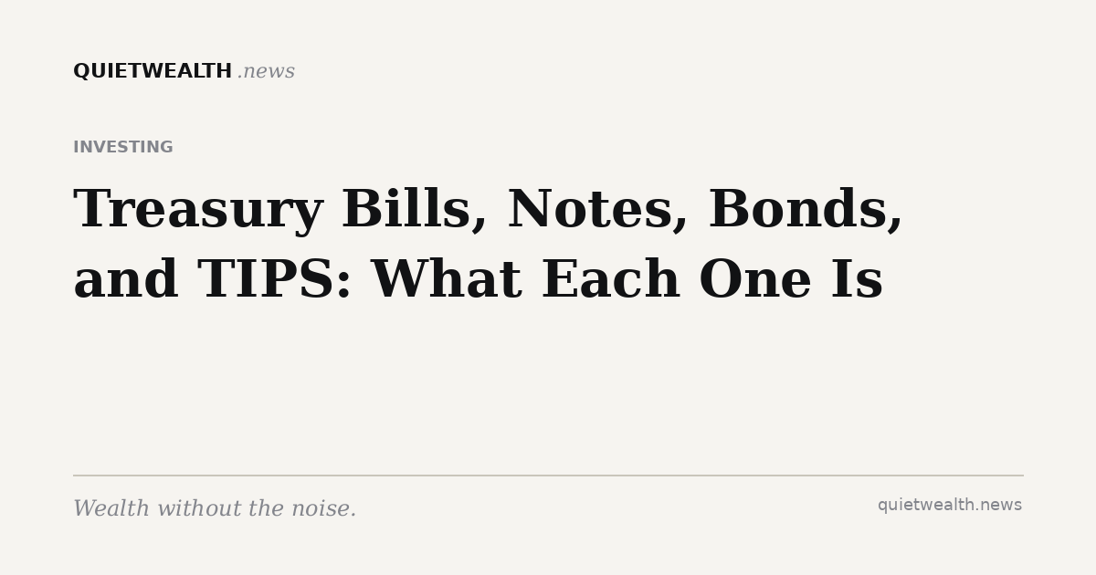 QuietWealth editorial card for “Treasury Bills, Notes, Bonds, and TIPS: What Each One Is” (Investing)
